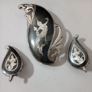 Vintage Siam Sterling Brooch & Clip Earrings